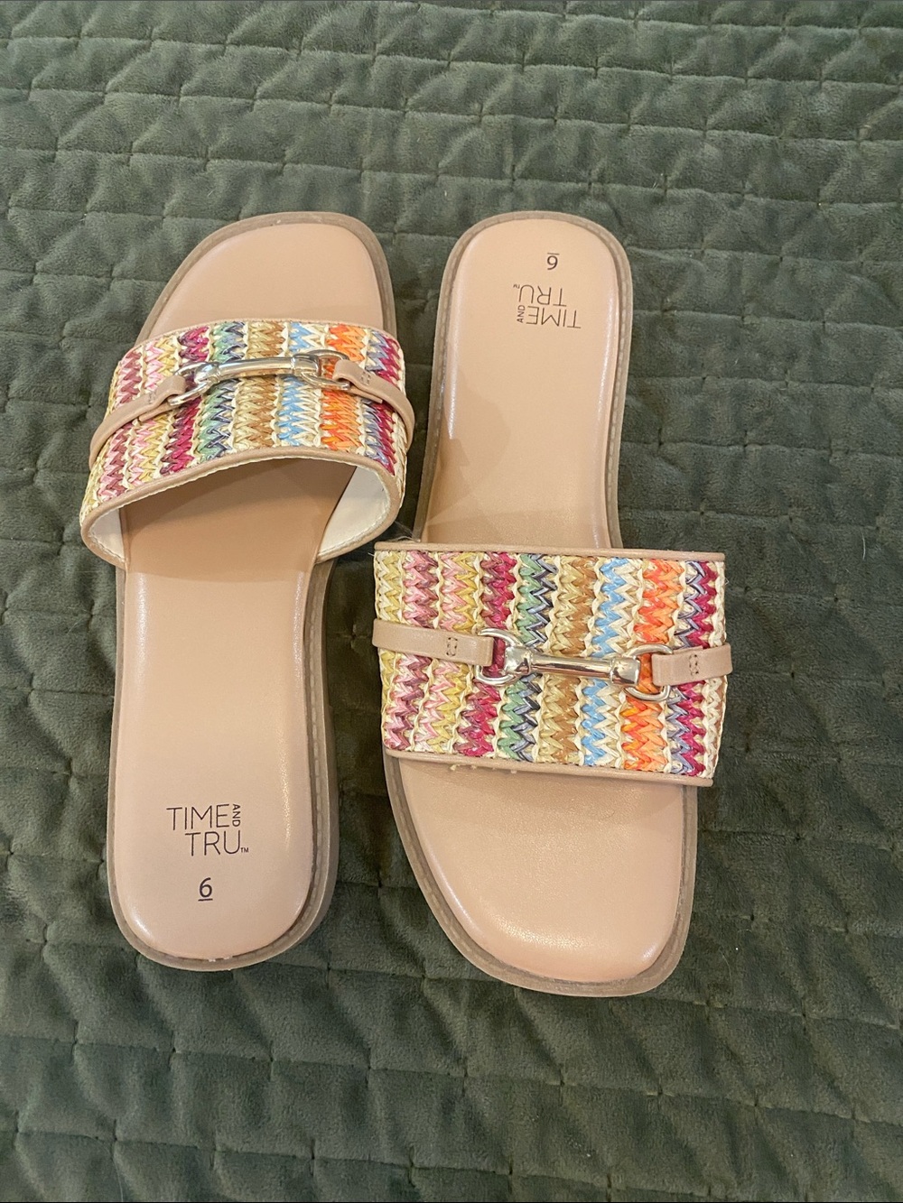 Time and Tru Beige Slide Sandals with Multicolor Woven Strap